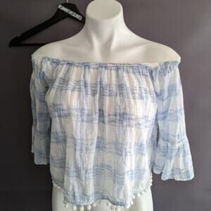 Abbeline Off the Shoulder Gauzy Plaid Cropped Top Sz Small